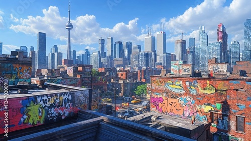 Toronto skyline with CN Tower dominated by modern skyscrapers, contrasting with colorful street art on old brick buildings. Urban landscape capturing city's blend of contemporary architecture 