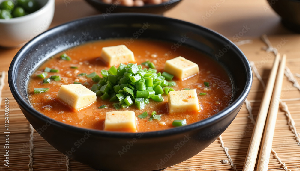 Delicious soup with tofu and green onions served in a black bowl on a wooden table Delicious soup with tofu and green onions served in a black bowl on a wooden table