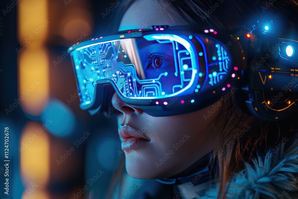 woman wearing virtual reality helmet with a circuit board woman wearing virtual reality helmet with a circuit board
