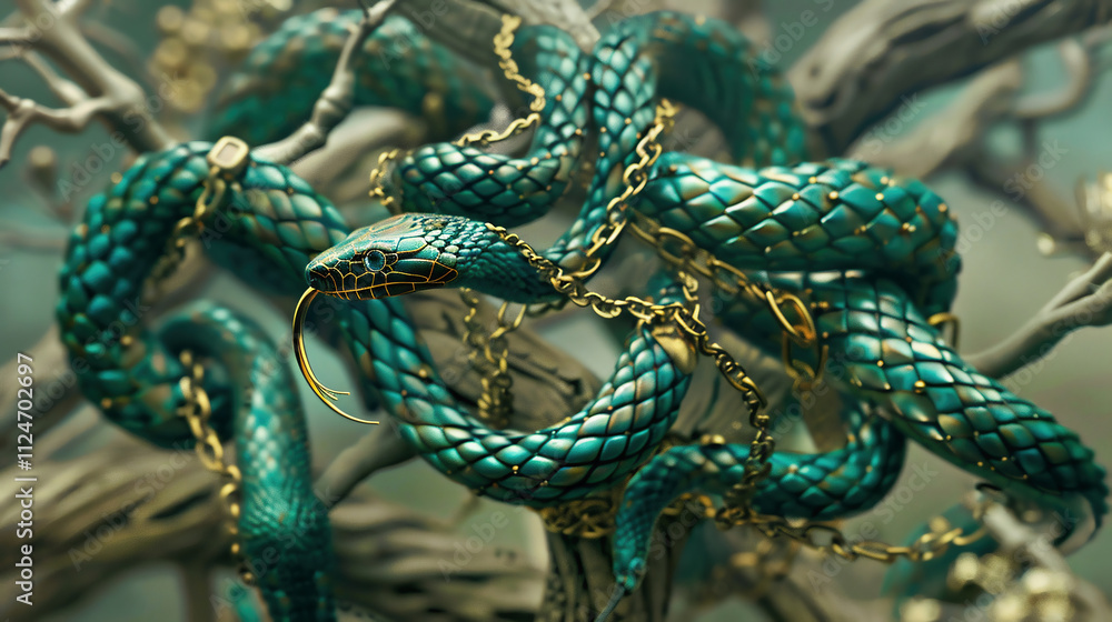 Fototapeta premium The Christmas tree is decorated with Christmas tree toys in the form of snakes