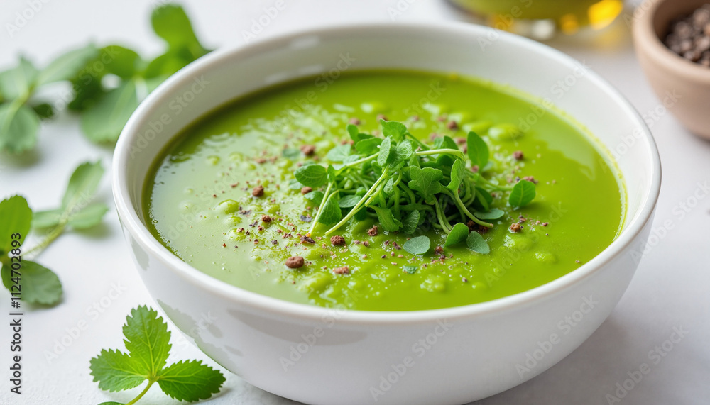 Vibrant green pea soup garnished with microgreens and spices served in a white bowl