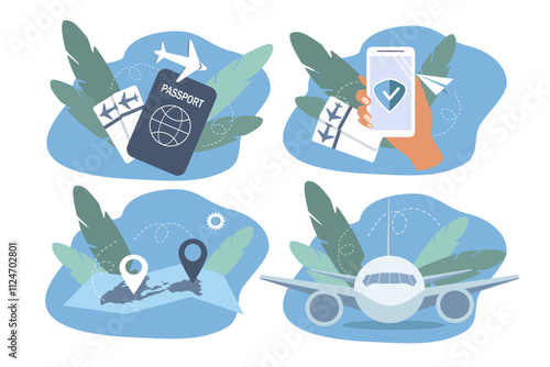 set of images in flat style on the theme of travel, ordering tickets