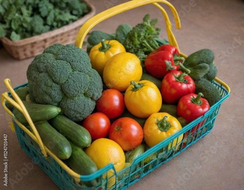 colorful fresh vegetables, shopping basket, broccoli, tomatoes, lemons, peppers, farmers market produce, vibrant colors, healthy food, organic ingredients, rustic wooden background, close-up shot, hig