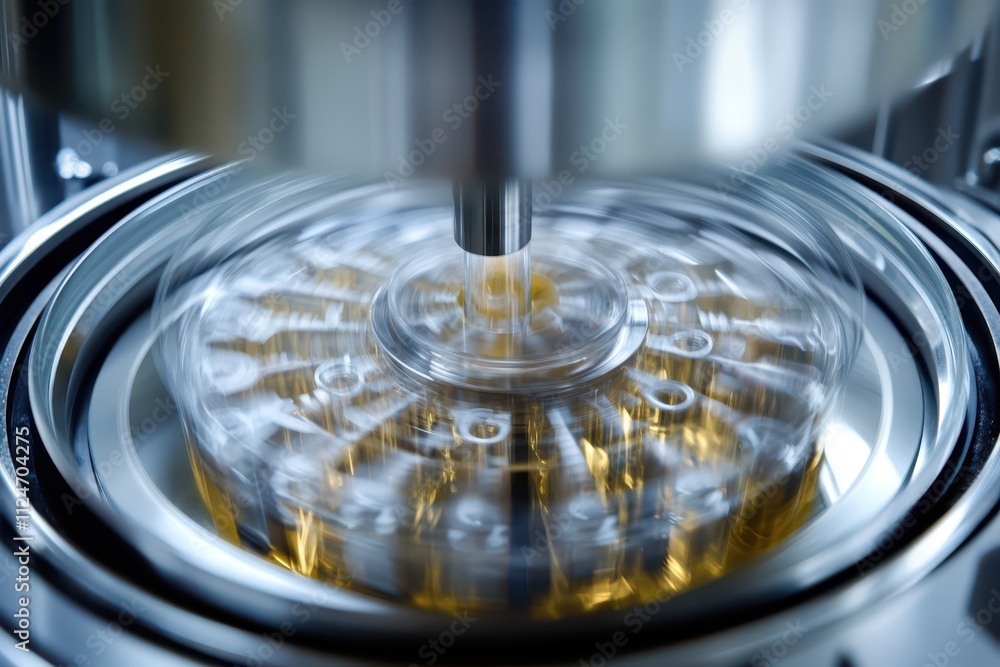 A laboratory centrifuge spinning test tubes inside, the test tubes creating a slight blur. A laboratory centrifuge spinning test tubes inside, the test tubes creating a slight blur.