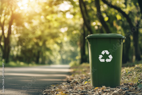 Green trash can garbage with white recycle logo title icon against nature background in park, environment and pollution concept.