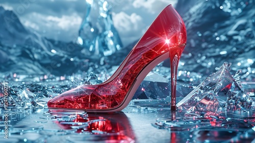 Elegant high heel shoe with sparkling diamonds in a splash of water on a dark background