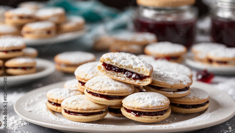 Several small, round, sugared cookies filled with jam, stacked on a plate. A jar of jam is visible in the background.
Several small, round, sugared cookies filled with jam, stacked on a plate. A jar of jam is visible in the background.