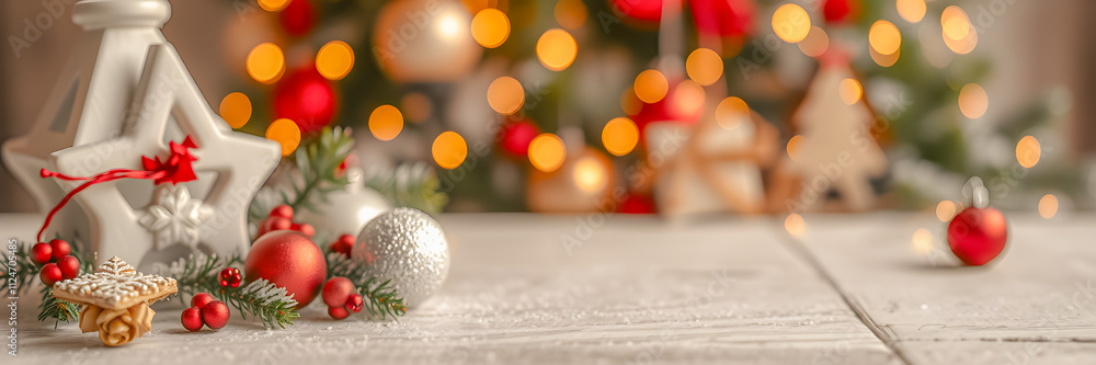 Beautiful Christmas blurred tree lights candles ornaments and decorations. Holiday interior background. Cozy heart warming seasonal wallpaper, snowy fir on wooden table, product copy space. Ai gen Beautiful Christmas blurred tree lights candles ornaments and decorations. Holiday interior background. Cozy heart warming seasonal wallpaper, snowy fir on wooden table, product copy space. Ai gen