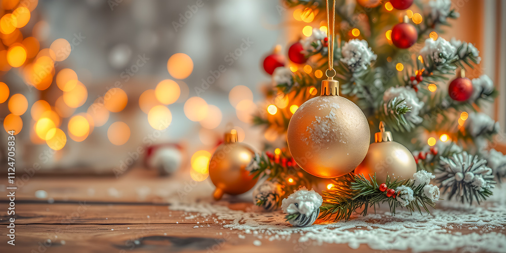 Fototapeta premium Beautiful Christmas blurred tree lights candles ornaments and decorations. Holiday interior background. Cozy heart warming seasonal wallpaper, snowy fir on wooden table, product copy space. Ai gen