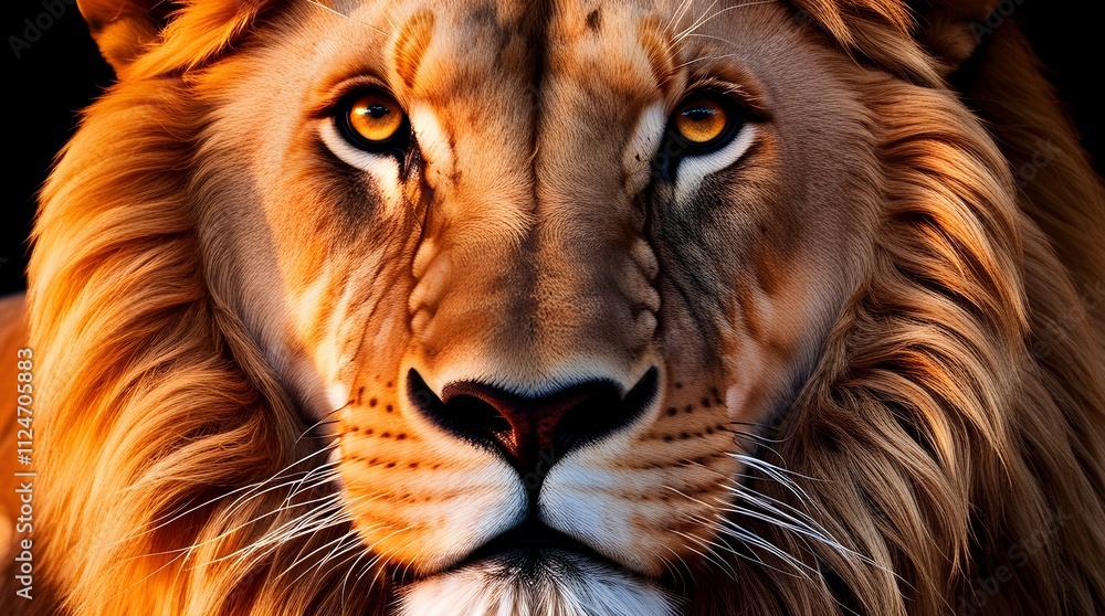 Close-up portrait of a majestic lion, showcasing the king of the jungle's powerful face, flowing mane, and piercing eyes Close-up portrait of a majestic lion, showcasing the king of the jungle's powerful face, flowing mane, and piercing eyes