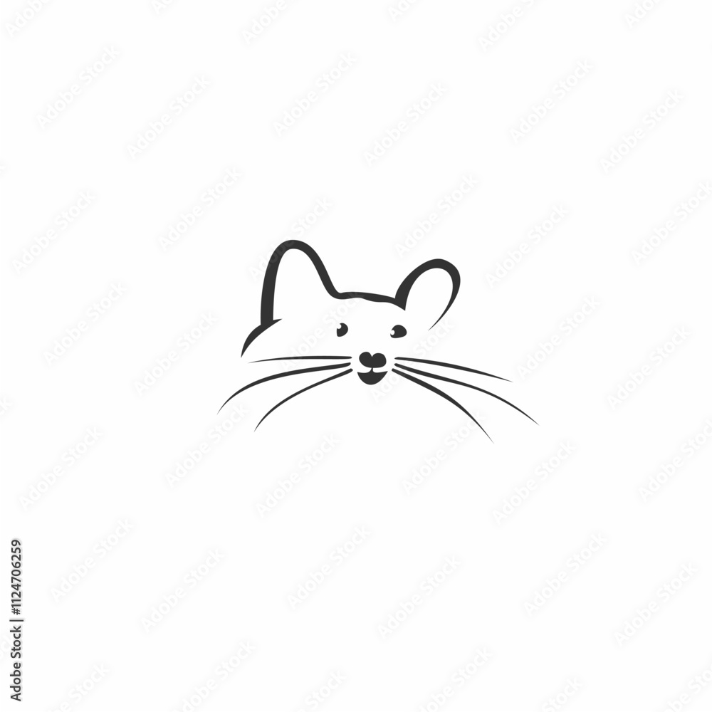 Obraz premium A minimalist black-and-white illustration of a mouse's face, featuring a simple design with pointed ears, round eyes, a small nose, and prominent whiskers on a plain white background
