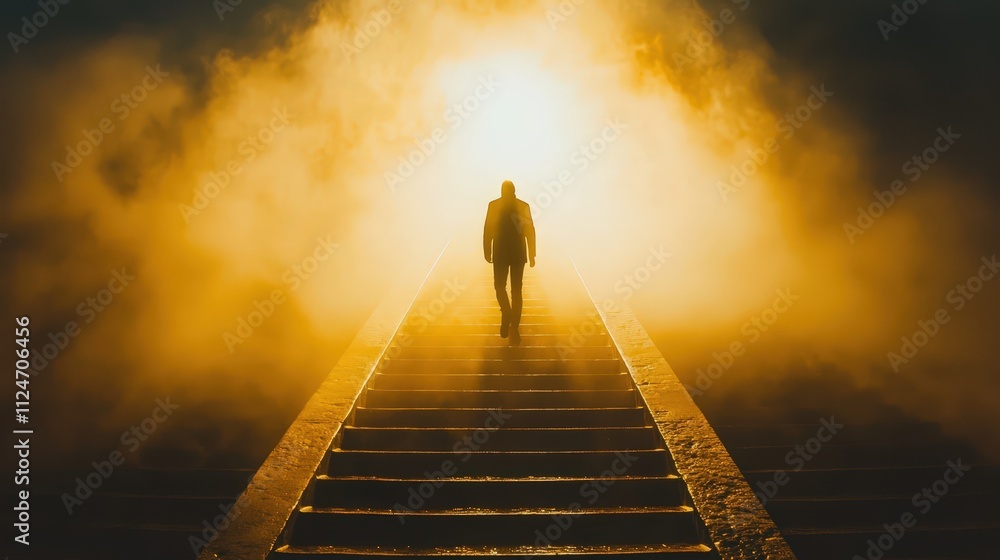 Dramatic low-angle shot of a figure ascending steps into a bright light surrounded by fog Dramatic low-angle shot of a figure ascending steps into a bright light surrounded by fog