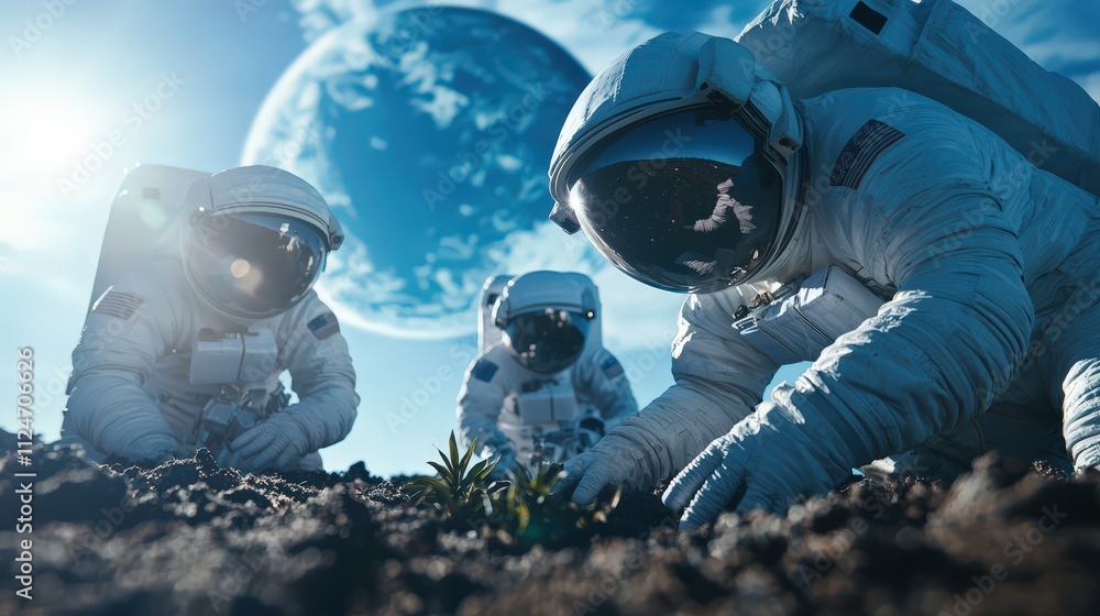Astronauts exploring extraterrestrial soil under a distant planet Astronauts exploring extraterrestrial soil under a distant planet