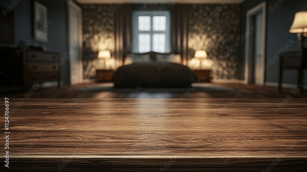 Stylish wooden table surface in cozy bedroom interior design home decor warm atmosphere close-up view aesthetic appeal Stylish wooden table surface in cozy bedroom interior design home decor warm atmosphere close-up view aesthetic appeal
