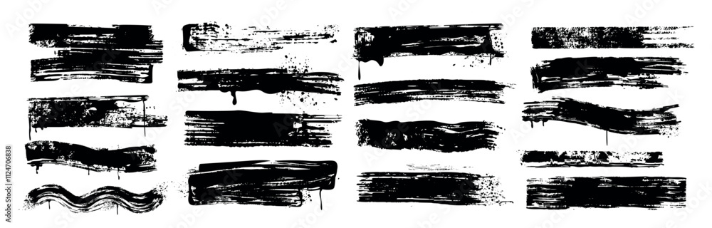 Vector set of black brush strokes, ink bold lines. Dirty grunge design elements, rough paintbrush smears isolated on white background. Hand drawn spray paint underline stripes with drips and splatters Vector set of black brush strokes, ink bold lines. Dirty grunge design elements, rough paintbrush smears isolated on white background. Hand drawn spray paint underline stripes with drips and splatters