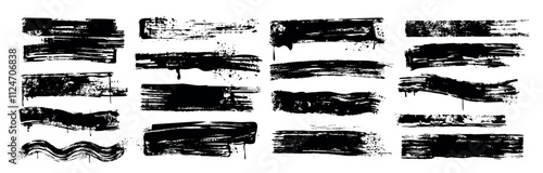 Vector set of black brush strokes, ink bold lines. Dirty grunge design elements, rough paintbrush smears isolated on white background. Hand drawn spray paint underline stripes with drips and splatters