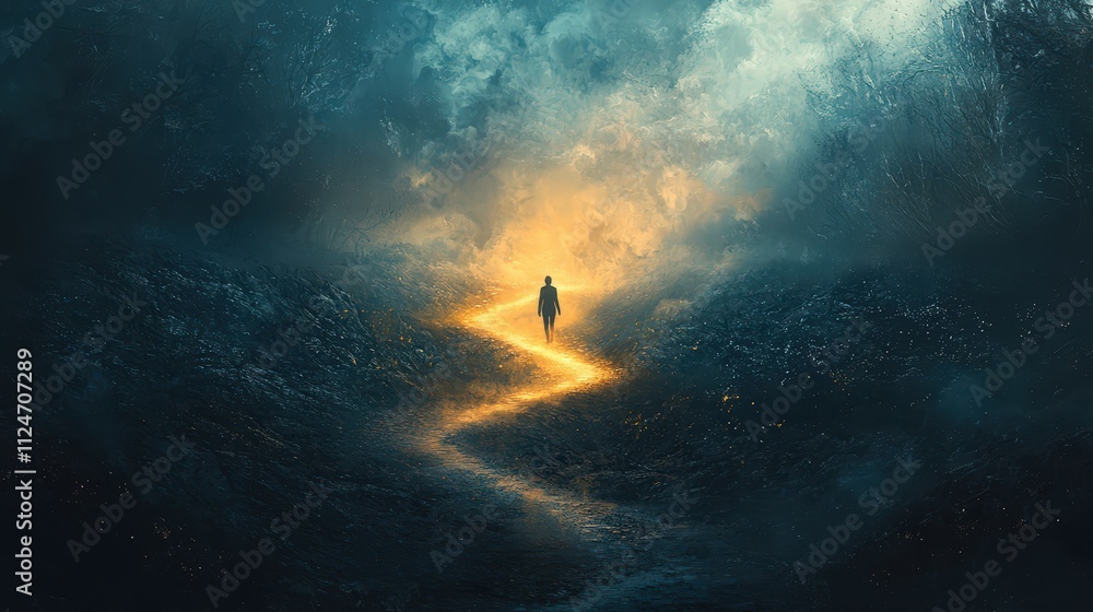 Person standing on a glowing path in a dreamlike landscape with foggy surroundings Person standing on a glowing path in a dreamlike landscape with foggy surroundings