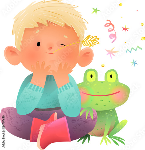 Little boy sitting with his best frog friend, fairytale illustration for kids. Happy childhood kindergarten boy character cartoon. Vector childhood illustration clip art for kids story.