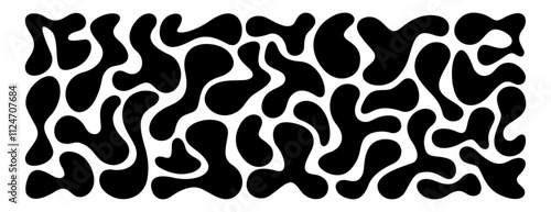 Set of black irregular blobs, random liquid uneven drop shape. Amorphous splodges, asymmetric spots, fluid circle elements or simple organic amoeba figures. Abstract forms isolated on white background