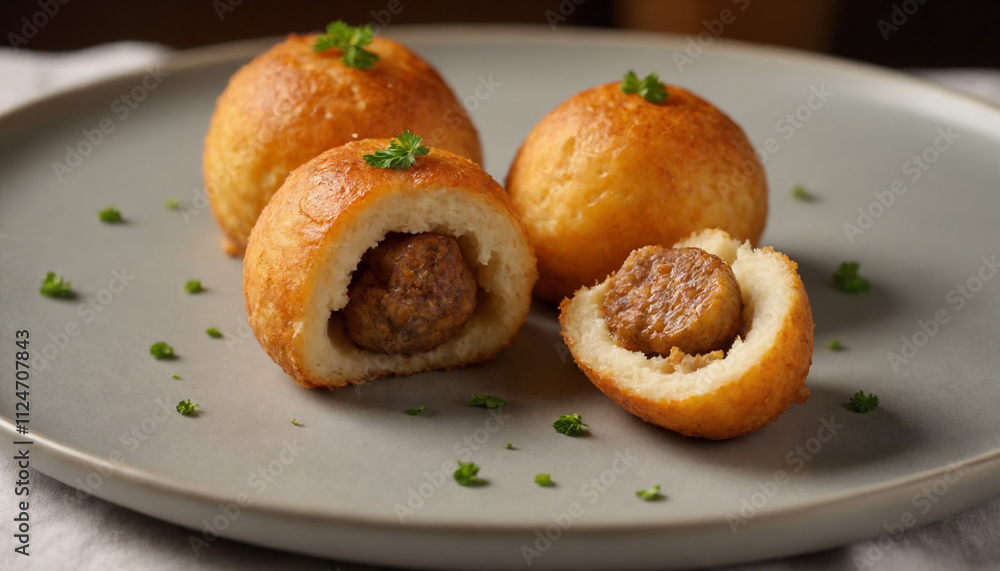 Leberknödel in close-up style in golden tones for culinary presentation Leberknödel in close-up style in golden tones for culinary presentation