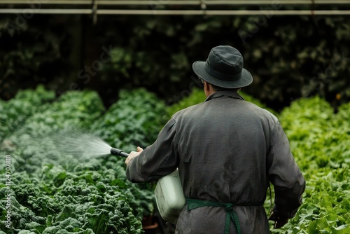 A farmer watering a vegetable garden with a hose, with rows of leafy greens in the background.