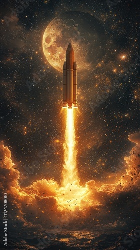 Golden rocket launches through Earth’s atmosphere into space under a bright moon