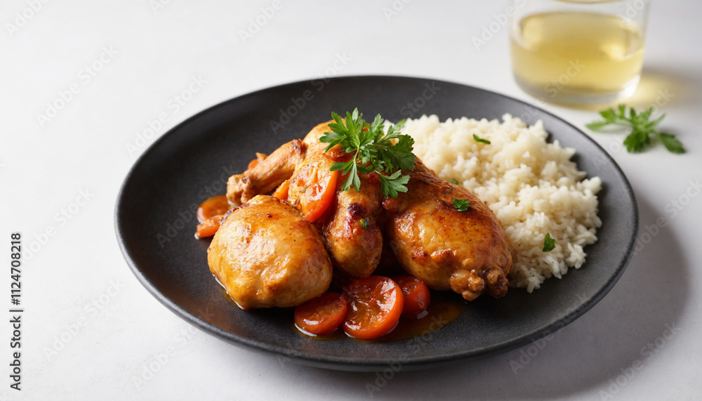 Yassa chicken in modern style in warm colors for culinary presentation Yassa chicken in modern style in warm colors for culinary presentation