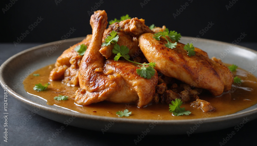 Yassa chicken in close-up style in golden-brown colors representing a traditional Senegalese dish Yassa chicken in close-up style in golden-brown colors representing a traditional Senegalese dish
