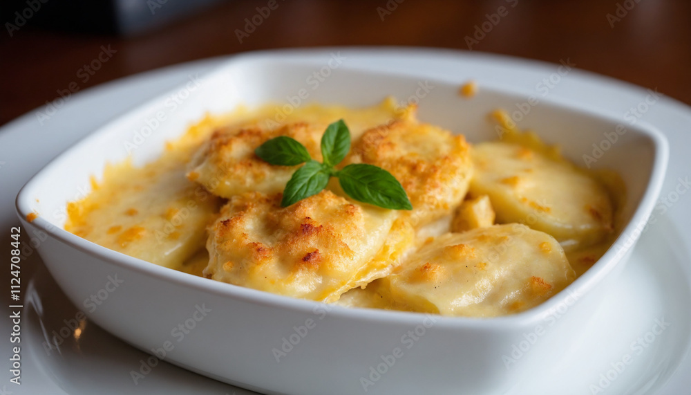 Endive gratin in minimalist style in white and gold with copy space Endive gratin in minimalist style in white and gold with copy space
