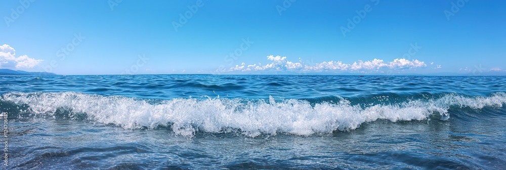 Obraz premium Large wave crashes on calm ocean water under a clear blue sky