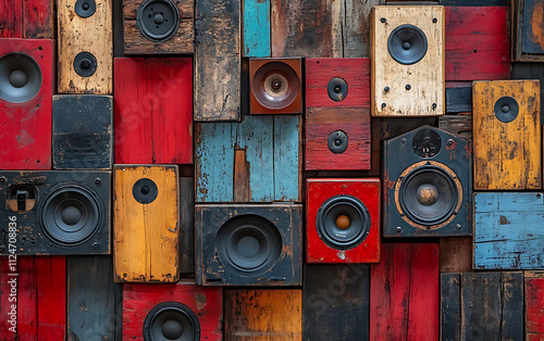 Vibrant Vintage Speaker Wall Art: A Colorful Tapestry of Sound and Rustic Charm