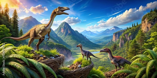 A Lush Prehistoric Landscape Where Ornitholestes Dinosaurs Tenderly Care for Their Nest Amongst Vibrant Vegetation and Majestic Mountains Under a Bright Blue Sky photo