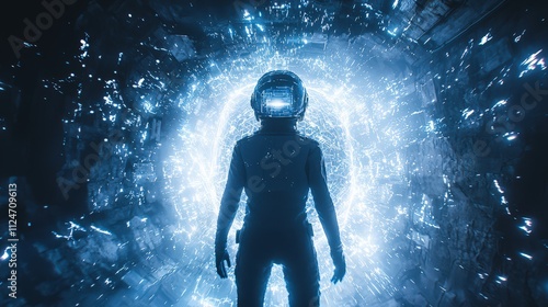 Worker in a protective helmet stands before a glowing portal in a futuristic setting photo