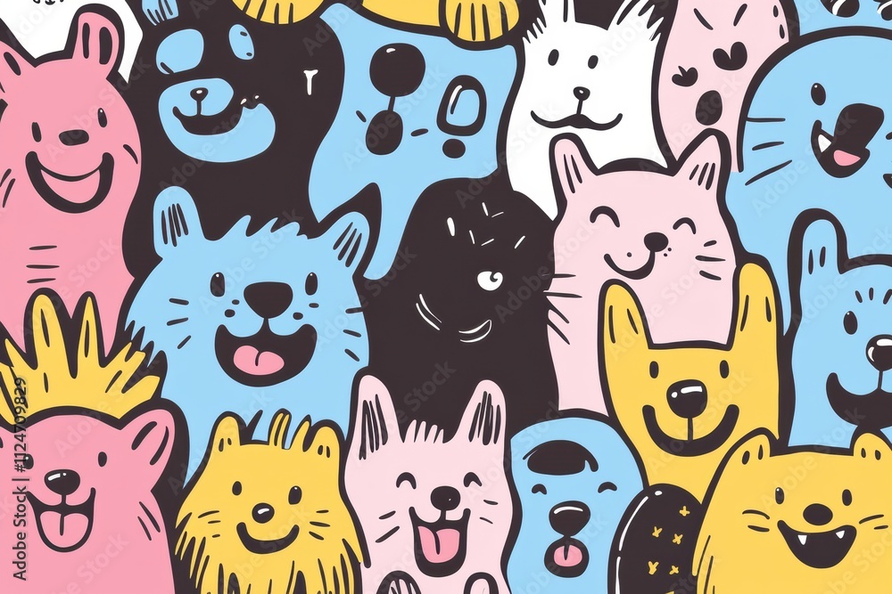 Obraz premium This doodle showcases a variety of happy dog faces, bursting with playfulness and curiosity, perfect for adding color to any design. Generative AI