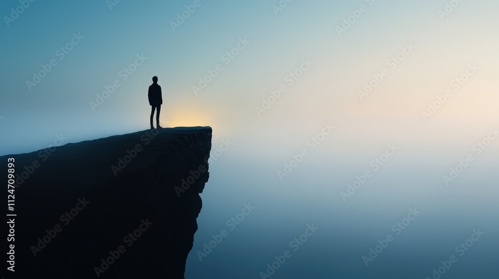 Person standing on cliff edge at dawn overlooking fog-covered landscape Person standing on cliff edge at dawn overlooking fog-covered landscape