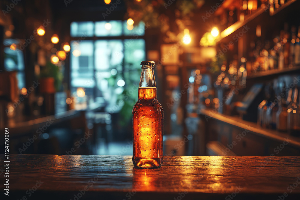 A frosty beer bottle stands proudly on an aged wooden bar counter, illuminated by warm lighting. Behind, shelves filled with bottles create an inviting atmosphere A frosty beer bottle stands proudly on an aged wooden bar counter, illuminated by warm lighting. Behind, shelves filled with bottles create an inviting atmosphere