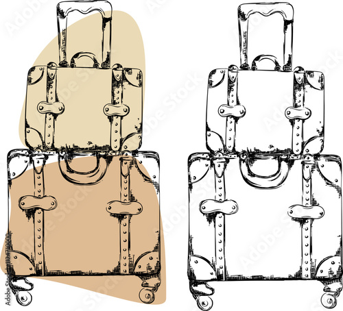 Graphic liner sketch vintage suitcases illustration set, travel clipart