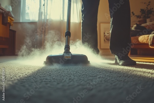 A professional cleaner using a steam cleaner on a carpet, removing stains. photo