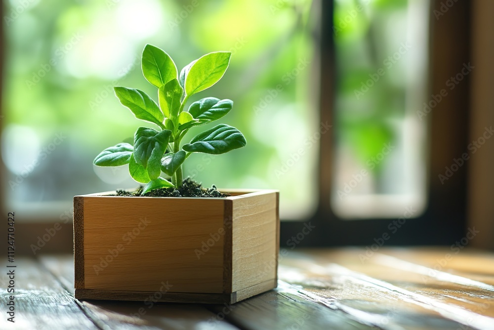 Green plant in square wooden pot on sunlit table Green plant in square wooden pot on sunlit table