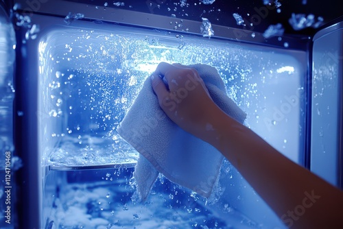 A person wiping down the inside of a refrigerator with a cloth, removing crumbs and spills. photo