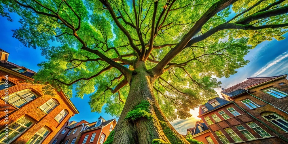 Fototapeta premium A Majestic Tree Against a Bright Sky: Capturing Nature's Beauty with Vibrant Green Leaves and Urban Exploration Photography Elements