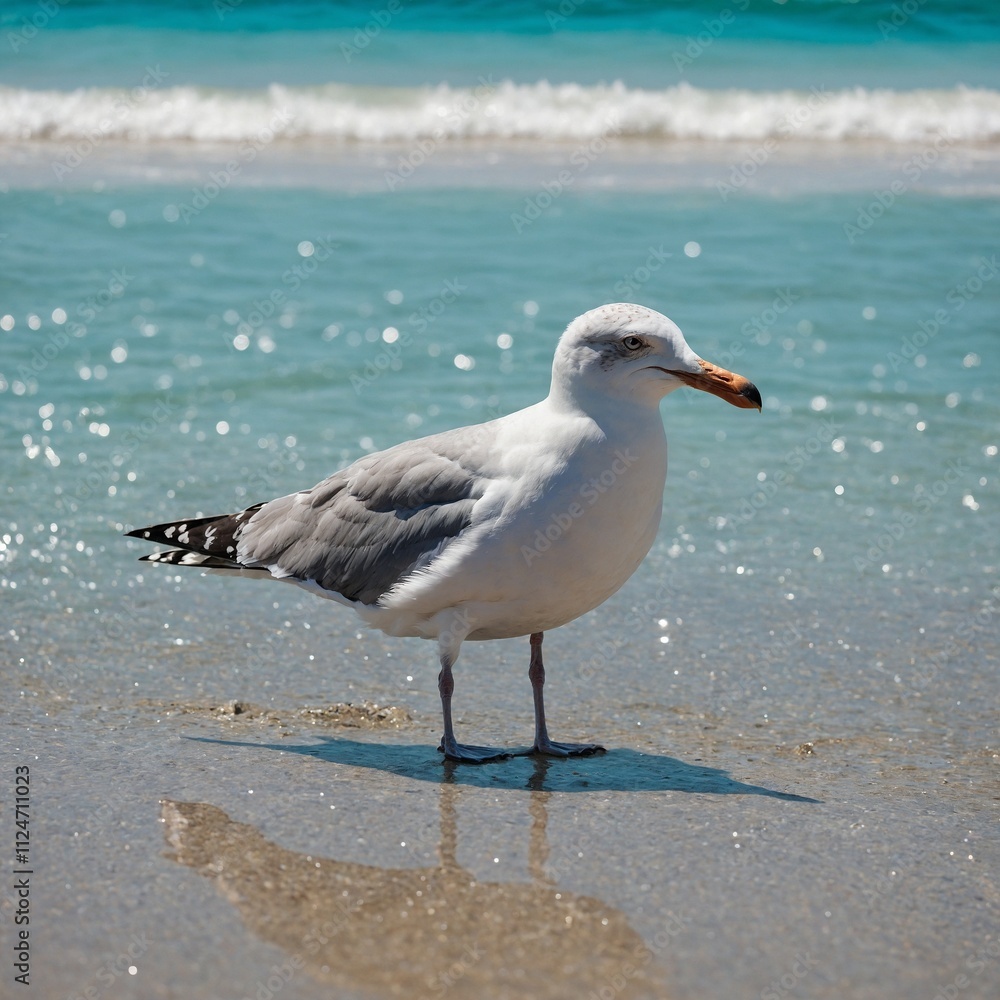 A seagull on a beach with sparkling turquoise water. A seagull on a beach with sparkling turquoise water.