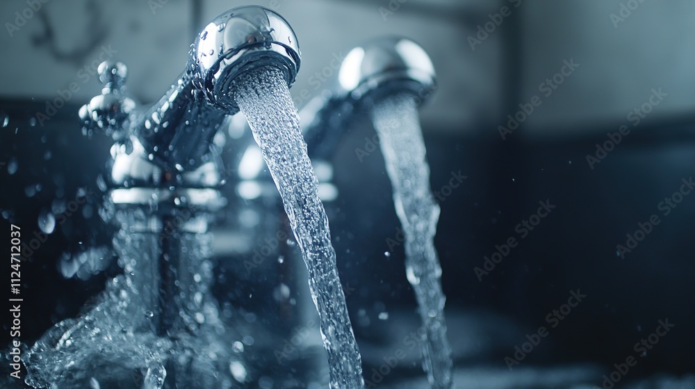 Detailed close-up of water pouring from a faucet Detailed close-up of water pouring from a faucet