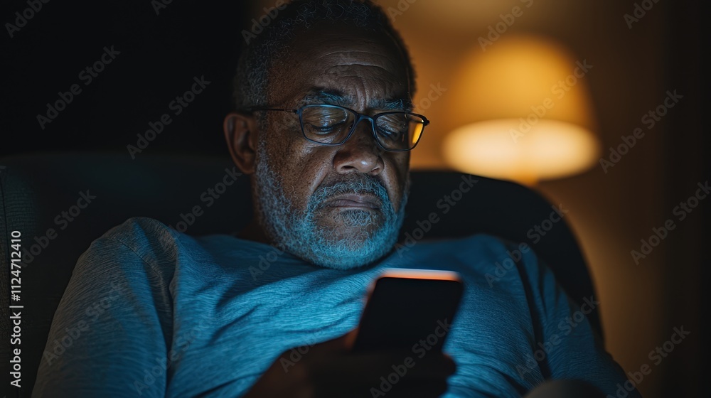 Close-up view of a man using a phone in low light while sitting relaxed at home Close-up view of a man using a phone in low light while sitting relaxed at home
