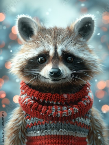 Knitted raccoon faces, raccoon toys in Christmas sweaters photo