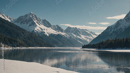 A breathtaking winter landscape with a frozen lake and snow-capped mountains