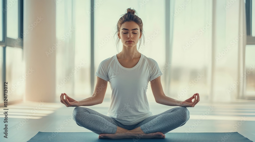 Woman meditating on a wooden pier overlooking a calm ocean Woman meditating on a wooden pier overlooking a calm ocean