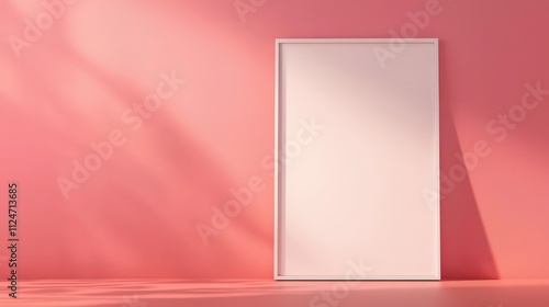 Elegant blank frame mock up against a soft pink wall in a minimalistic interior setting