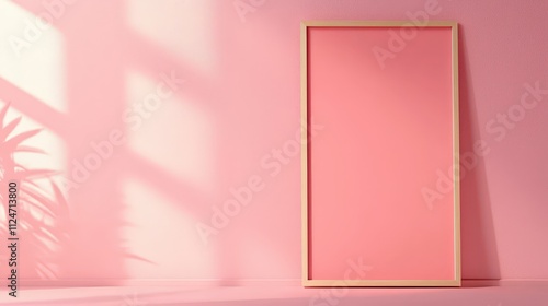 Blank frame mock up against a pink wall with natural sunlight illuminating the space