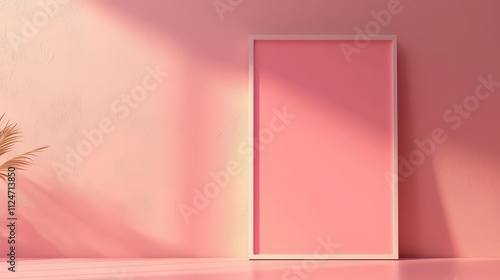 Blank frame mock up in a minimalist interior with pink and natural light